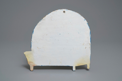 A polychrome Dutch Delft trompe l'oeil birdcage plaque, 18th C.